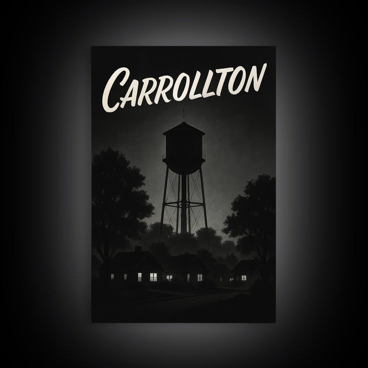 Carrollton Travel Poster, Framed Canvas Print, Vintage Noir Poster Art, Carrollton Wall Art, City Illustration, Vintage City Art