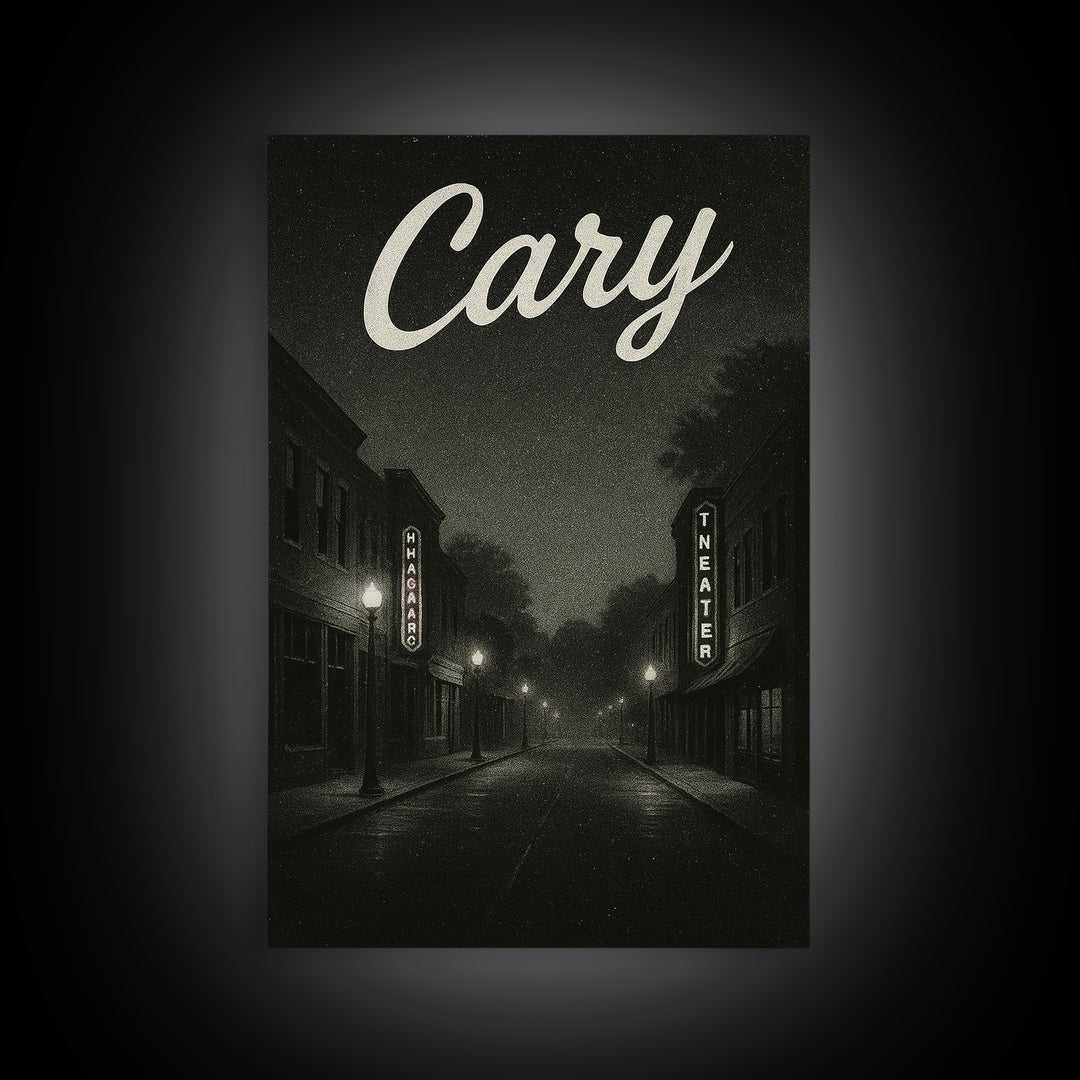 Cary North Carolina Travel Poster, Canvas Print, Dark Moody City Wall Art, Cary Print, Travel Poster Set, Travel Art Print