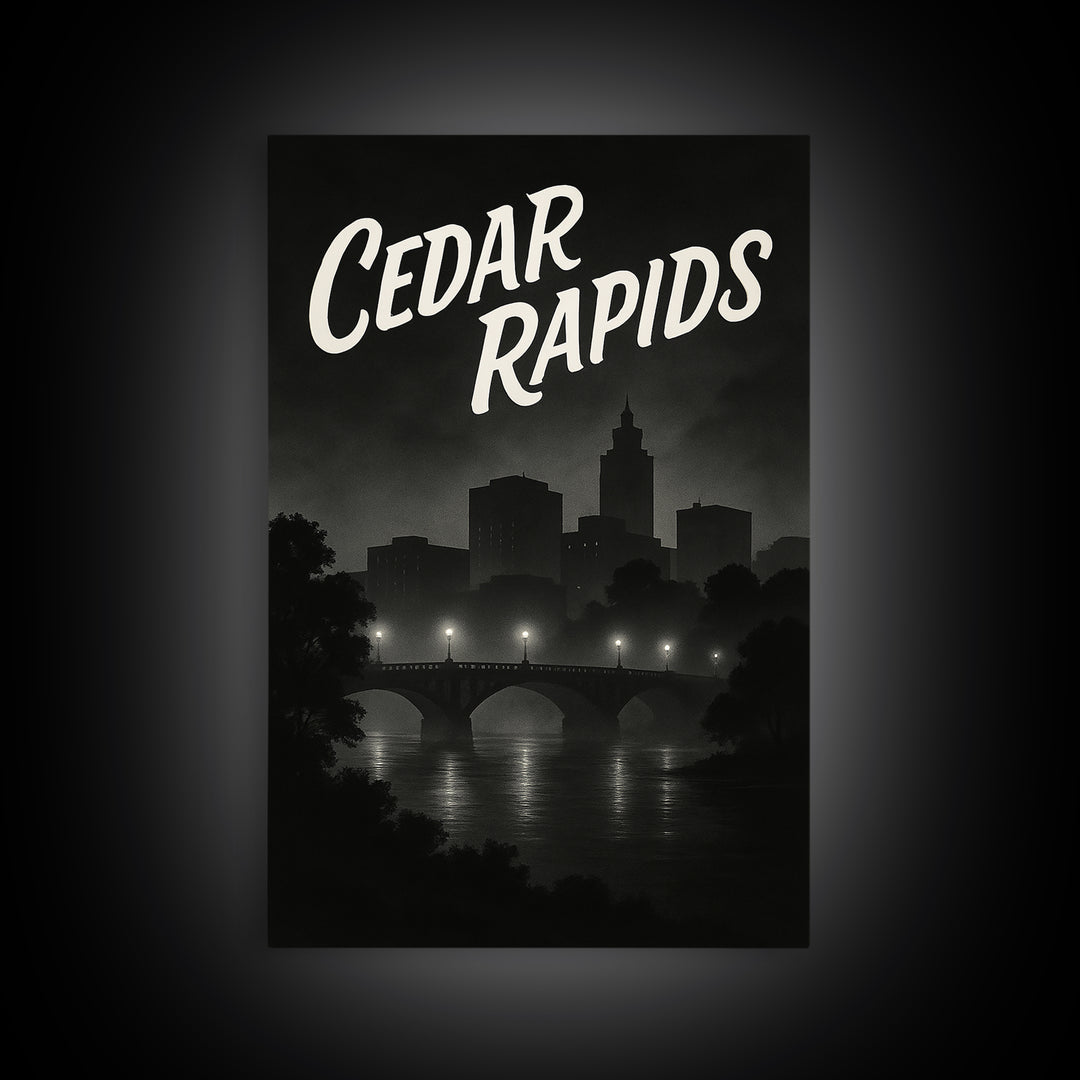Cedar Rapids Iowa Travel Poster, Canvas Print, Dark Moody City Wall Art, Cedar Rapids Travel Art, Travel Poster Art, Wanderlust Decor