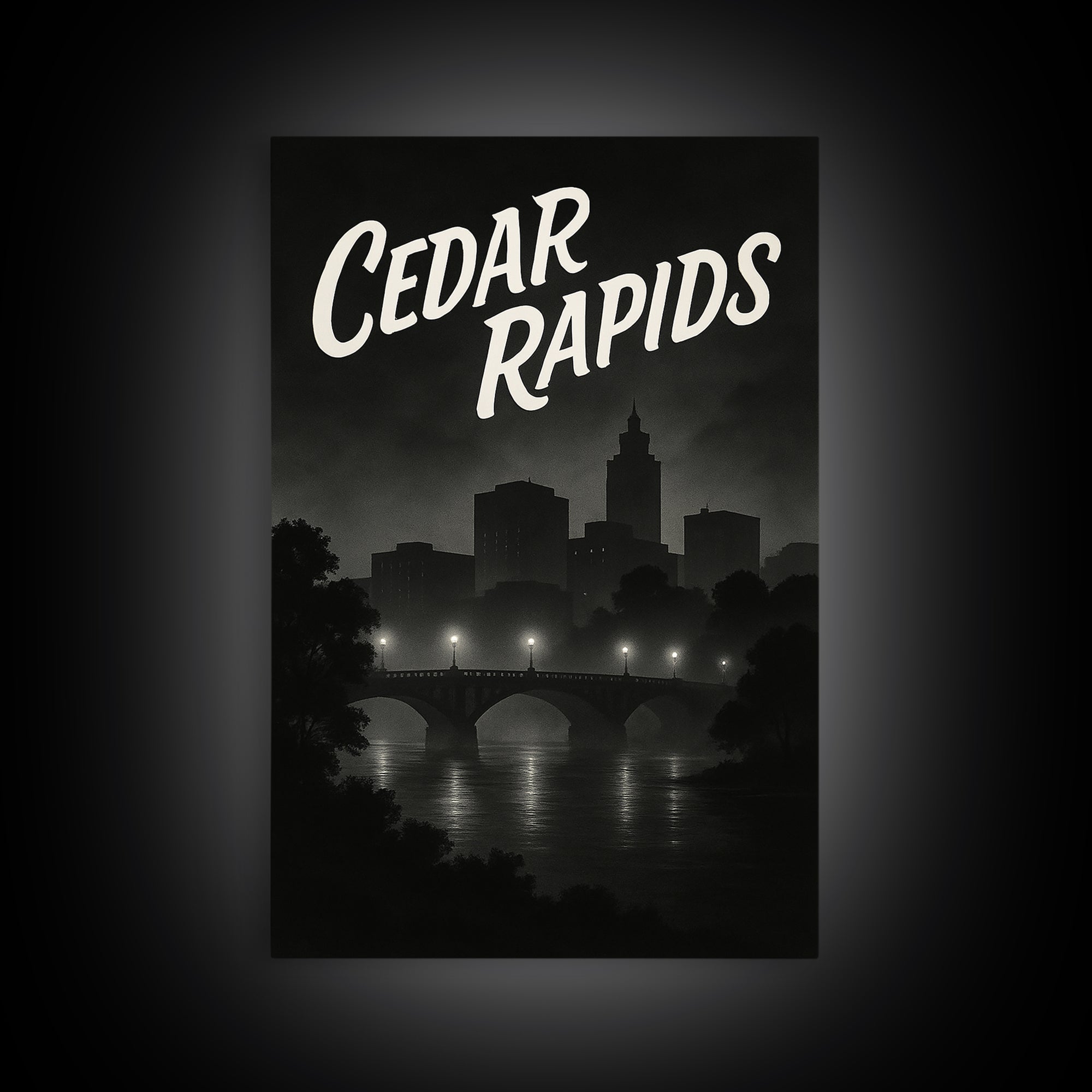 Cedar Rapids Iowa Travel Poster, Canvas Print, Dark Moody City Wall Art, Cedar Rapids Travel Art, Travel Poster Art, Wanderlust Decor