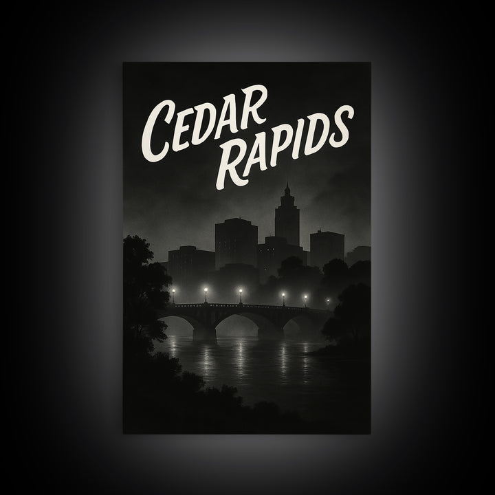 Cedar Rapids Iowa Travel Poster, Canvas Print, Dark Moody City Wall Art, Cedar Rapids Travel Art, Travel Poster Art, Wanderlust Decor