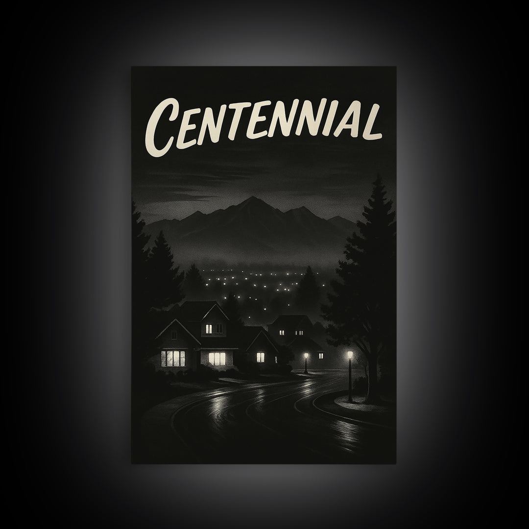 Centennial Travel Poster, Framed Canvas Print, Night Street Poster Art, Centennial Art Print, Travel Poster Art, Watercolor Downtown Skyline