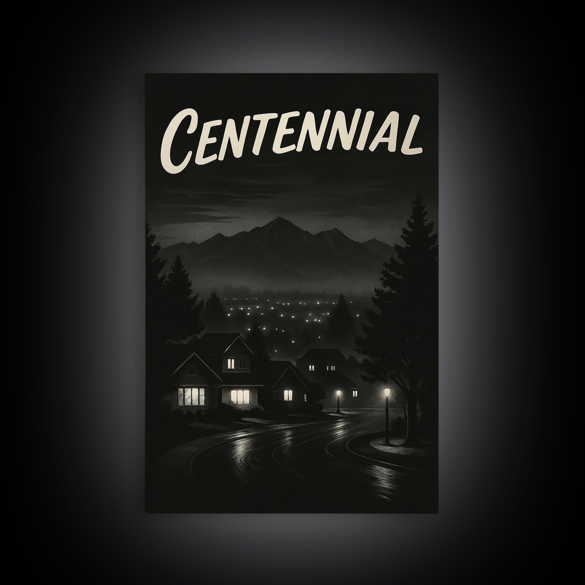 Centennial Travel Poster, Framed Canvas Print, Night Street Poster Art, Centennial Art Print, Travel Poster Art, Watercolor Downtown Skyline