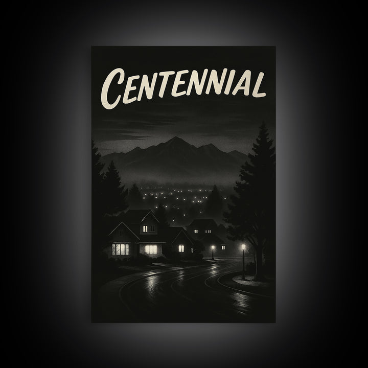 Centennial Travel Poster, Framed Canvas Print, Night Street Poster Art, Centennial Art Print, Travel Poster Art, Watercolor Downtown Skyline