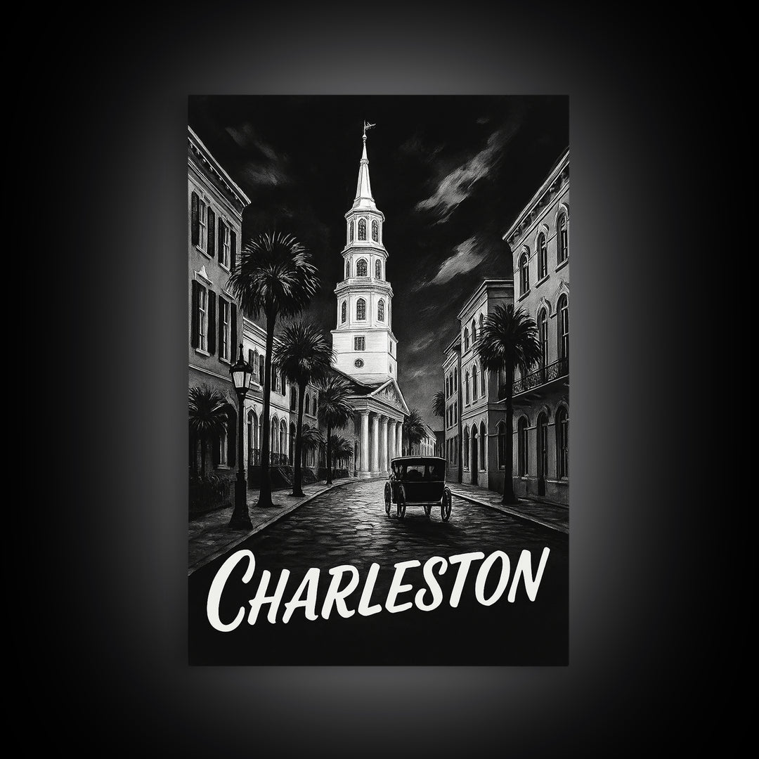 Charleston Travel Poster, Canvas Print, Black And White Travel Art, Charleston City Art, Travel Wall Decor, Watercolor Skyline Art