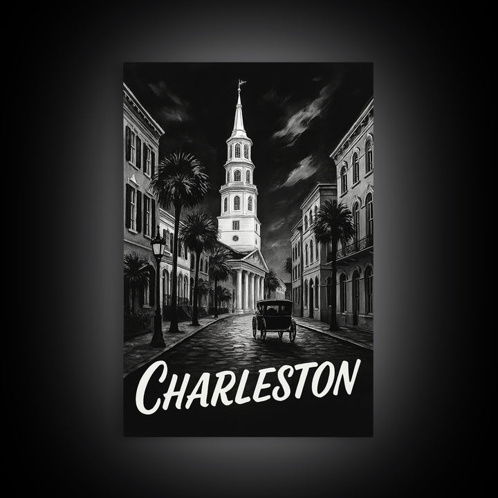 Charleston Travel Poster, Canvas Print, Black And White Travel Art, Charleston City Art, Travel Wall Decor, Watercolor Skyline Art