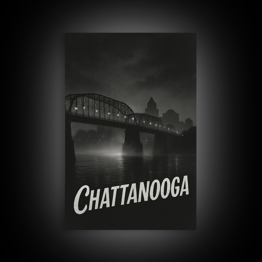 Chattanooga Tennessee Travel Poster, Canvas Print, Black And White Travel Art, Chattanooga Wall Art, Mid Century Wall Art, Travel Art