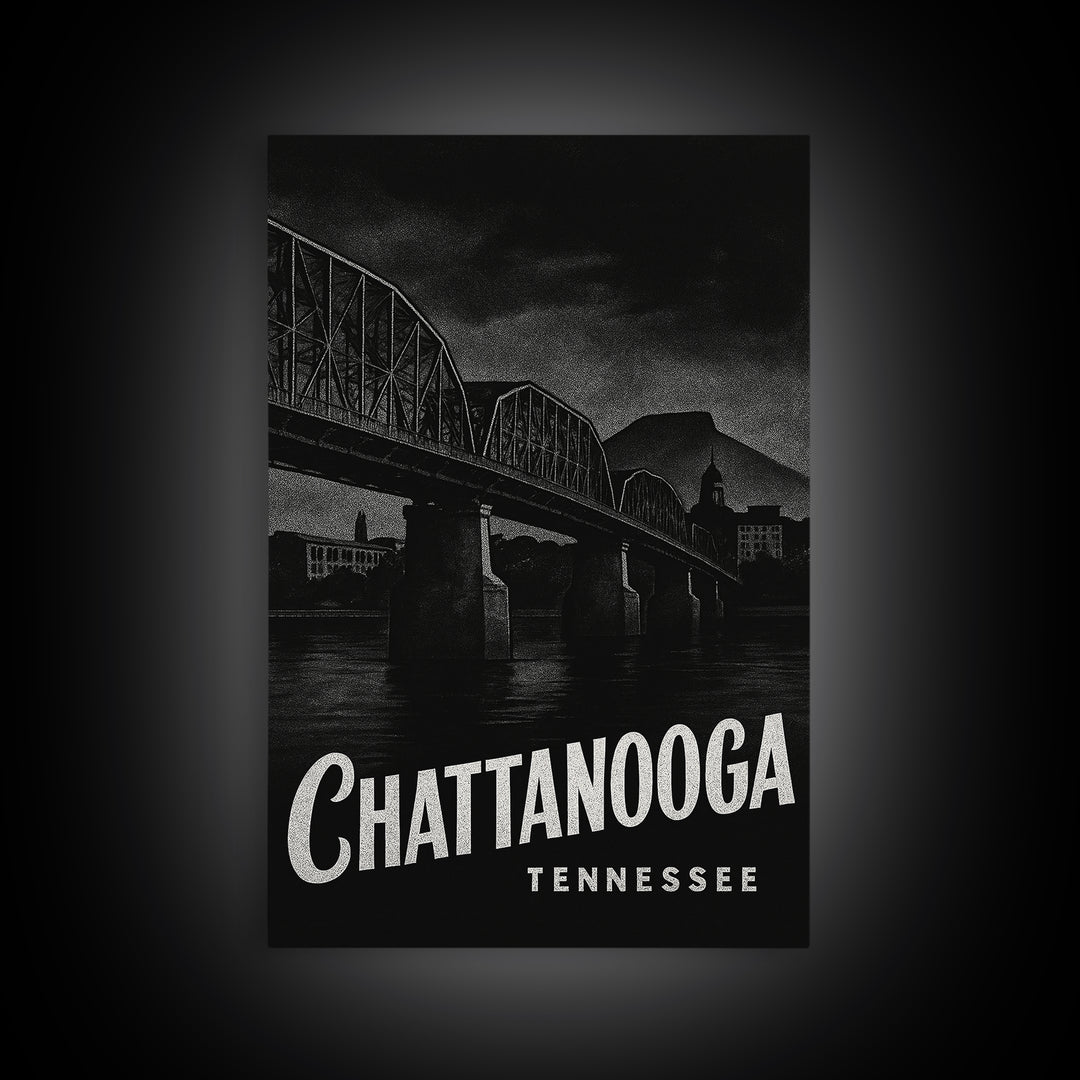 Chattanooga Travel Poster, Framed Canvas Print, Dark Moody City Wall Art, Chattanooga City Art, City Art Print, Wanderlust Decor