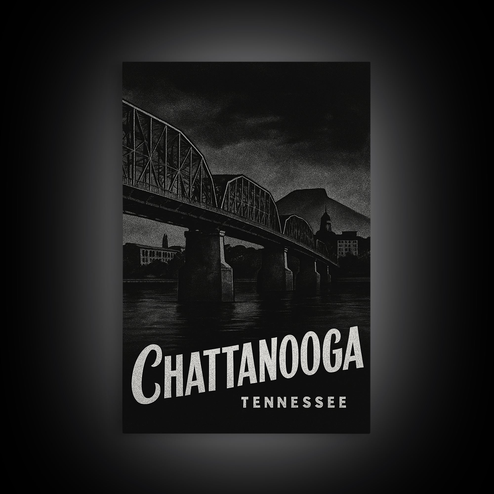 Chattanooga Travel Poster, Framed Canvas Print, Dark Moody City Wall Art, Chattanooga City Art, City Art Print, Wanderlust Decor