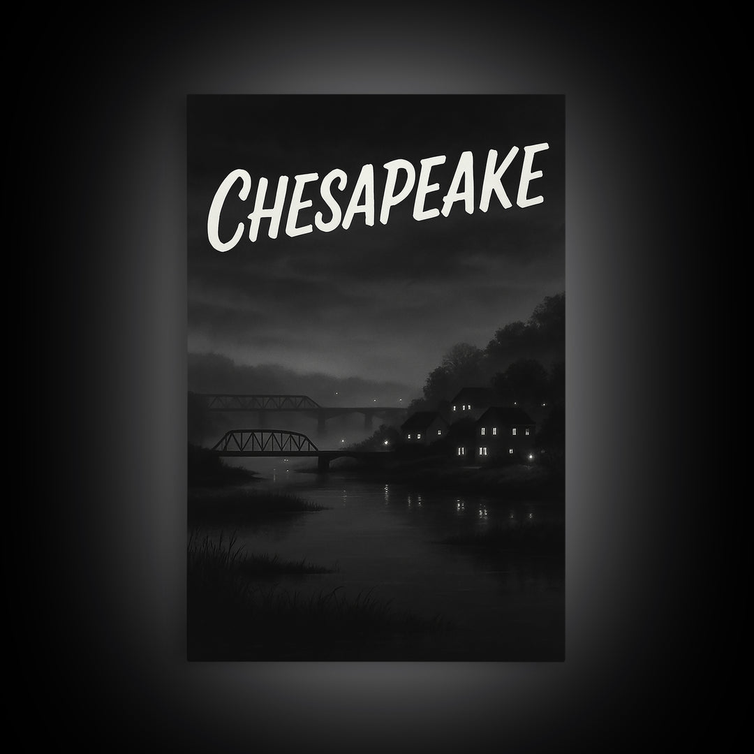 Chesapeake Travel Poster, Framed Canvas Print, Black And White Travel Art, Chesapeake Travel Art, City Illustration, Travel Poster Set