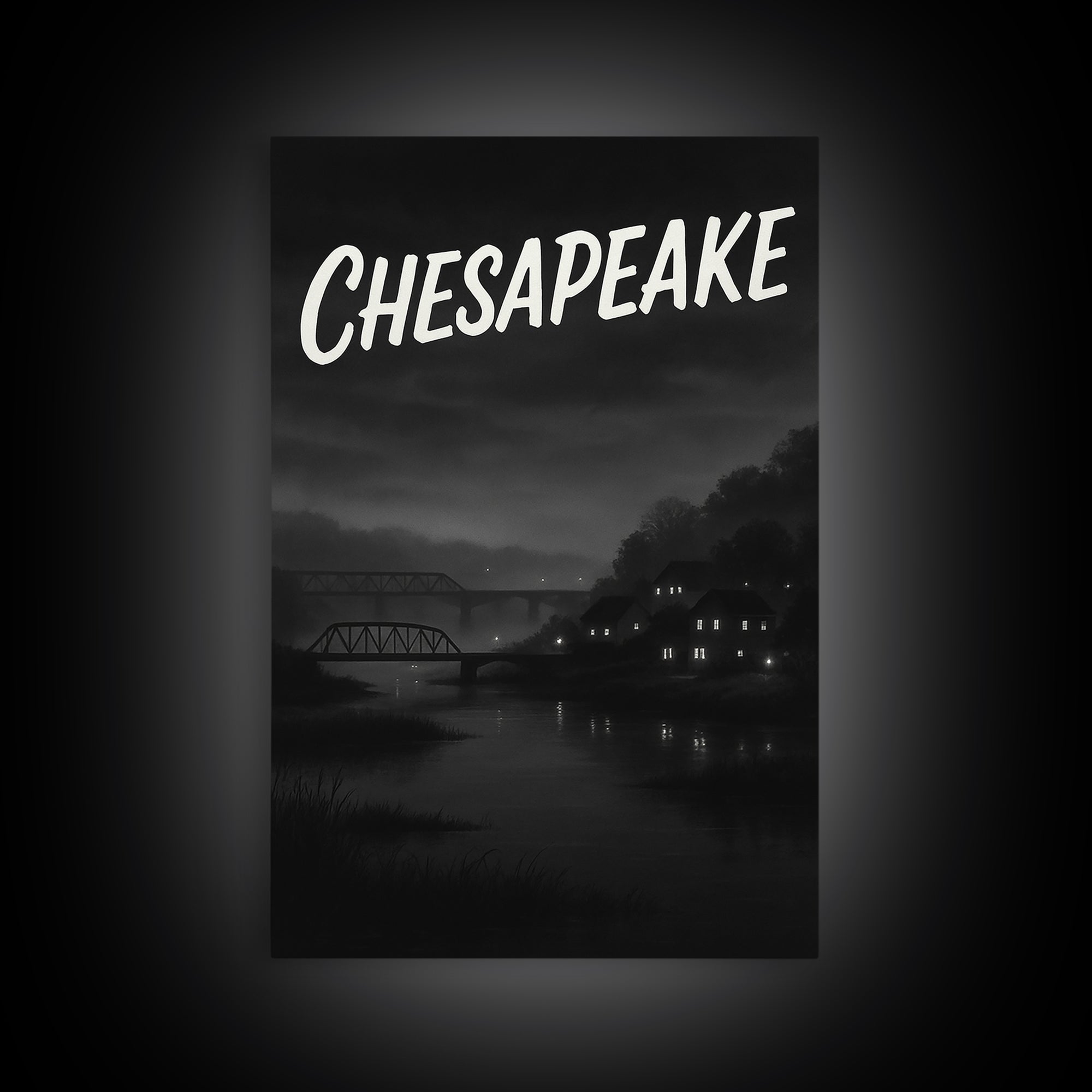 Chesapeake Travel Poster, Framed Canvas Print, Black And White Travel Art, Chesapeake Travel Art, City Illustration, Travel Poster Set