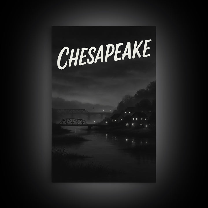 Chesapeake Travel Poster, Framed Canvas Print, Black And White Travel Art, Chesapeake Travel Art, City Illustration, Travel Poster Set