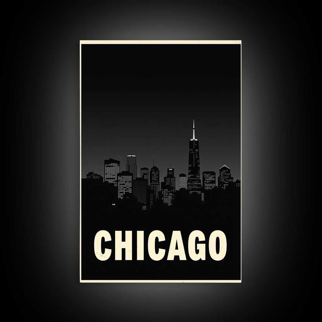 Chicago Illinois Travel Poster, Framed Canvas Print, Night Street Poster Art, Chicago Art Print, Vintage Travel Print, Travel Poster Art