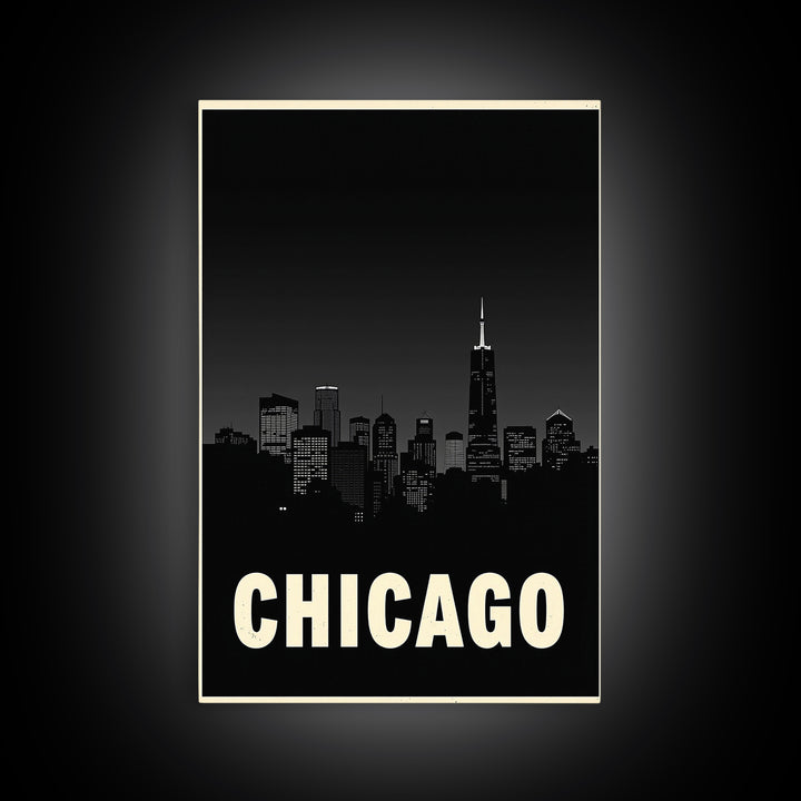 Chicago Illinois Travel Poster, Framed Canvas Print, Night Street Poster Art, Chicago Art Print, Vintage Travel Print, Travel Poster Art