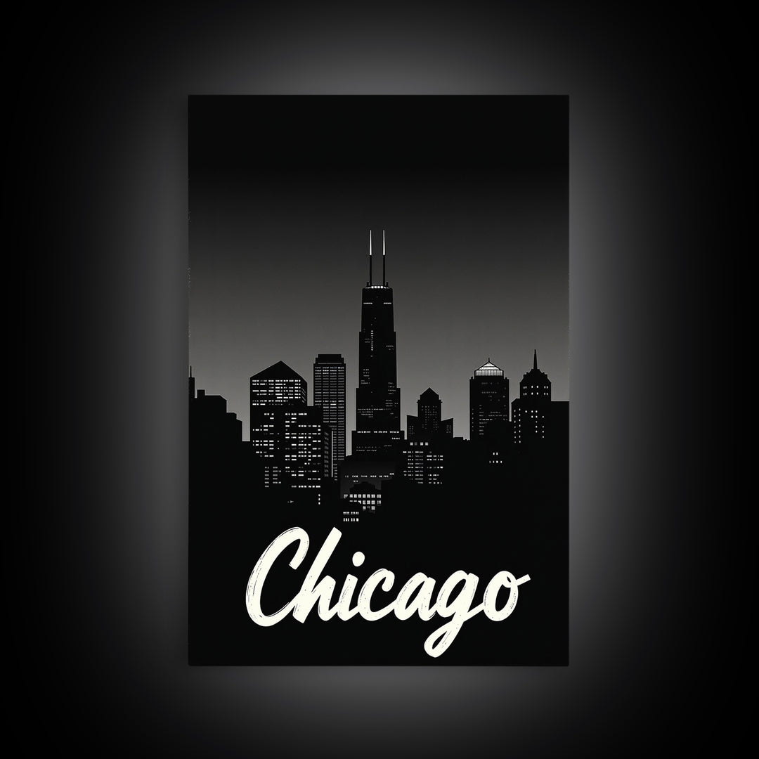 Chicago Travel Poster, Framed Canvas Print, Black And White Travel Art, Chicago City Art, City Illustration, Living Room Wall Art