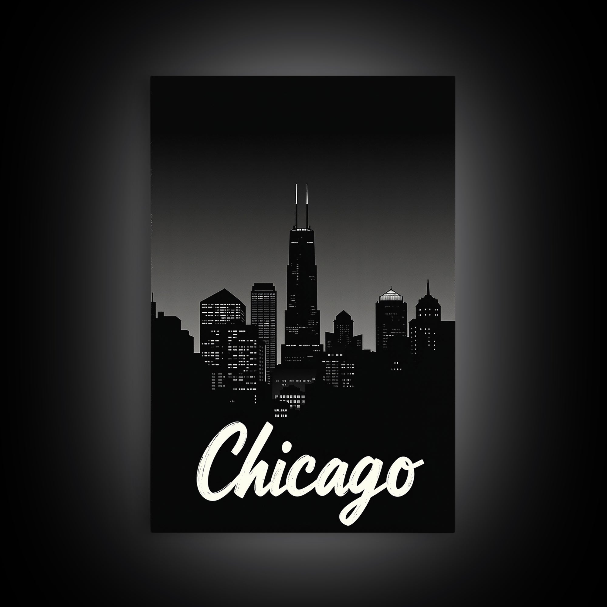 Chicago Travel Poster, Framed Canvas Print, Black And White Travel Art, Chicago City Art, City Illustration, Living Room Wall Art
