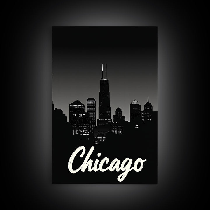 Chicago Travel Poster, Framed Canvas Print, Black And White Travel Art, Chicago City Art, City Illustration, Living Room Wall Art