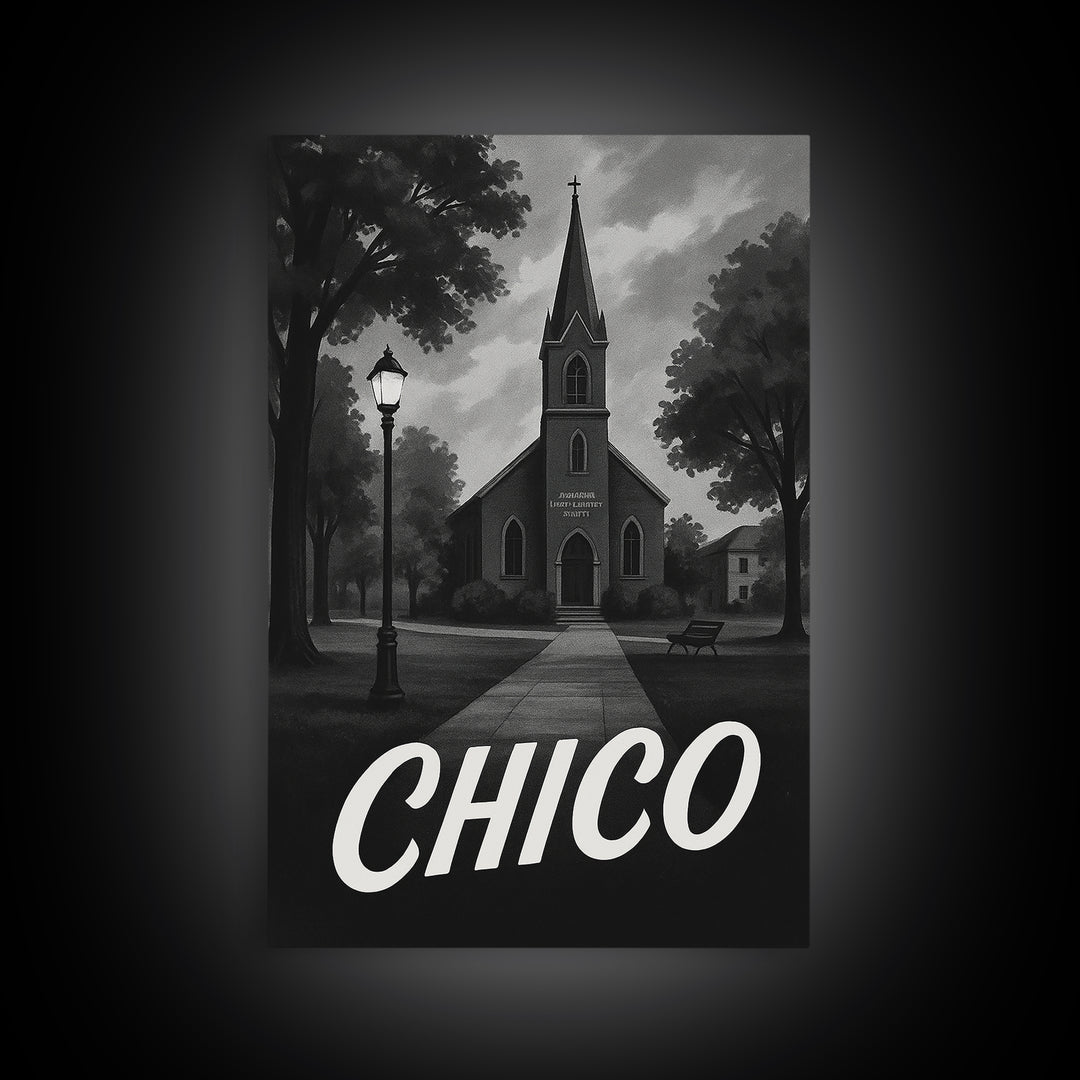 Chico Travel Poster, Canvas Print, Dark Moody City Wall Art, Chico Travel Art, City Travel Prints, Eclectic Wall Decor, Travel Wall Art