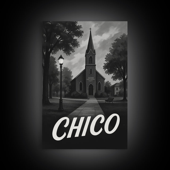 Chico Travel Poster, Canvas Print, Dark Moody City Wall Art, Chico Travel Art, City Travel Prints, Eclectic Wall Decor, Travel Wall Art