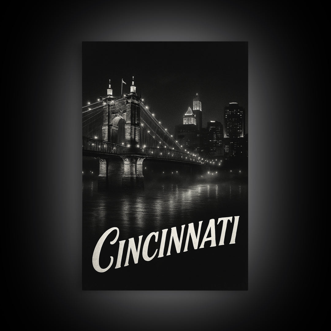 Cincinnati Ohio Travel Poster, Canvas Print, Black And White Travel Art, Cincinnati City Art, Travel Poster Art, City Art Print, Art Print
