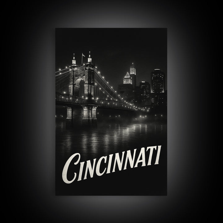 Cincinnati Ohio Travel Poster, Canvas Print, Black And White Travel Art, Cincinnati City Art, Travel Poster Art, City Art Print, Art Print