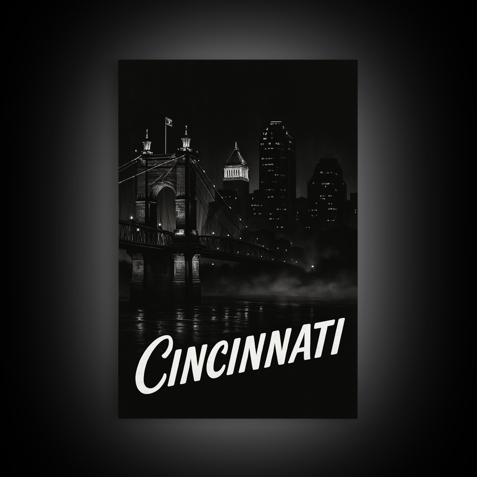 Cincinnati Travel Poster, Framed Canvas Print, Black And White Travel Art, Cincinnati Wall Art, Fine Art Print, Travel Poster Set