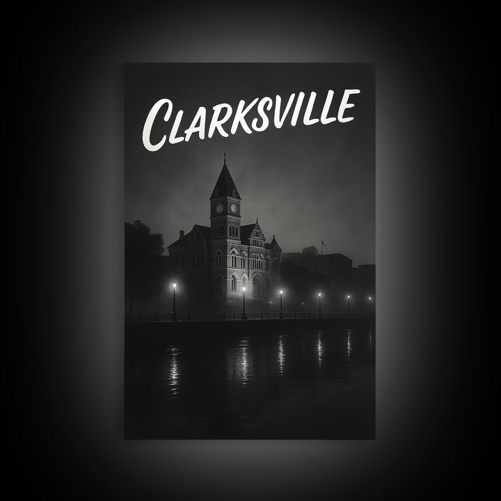 Clarksville Tennessee Travel Poster, Canvas Print, Night Street Poster Art, Clarksville Travel Art, Watercolor Downtown Skyline, Art Print