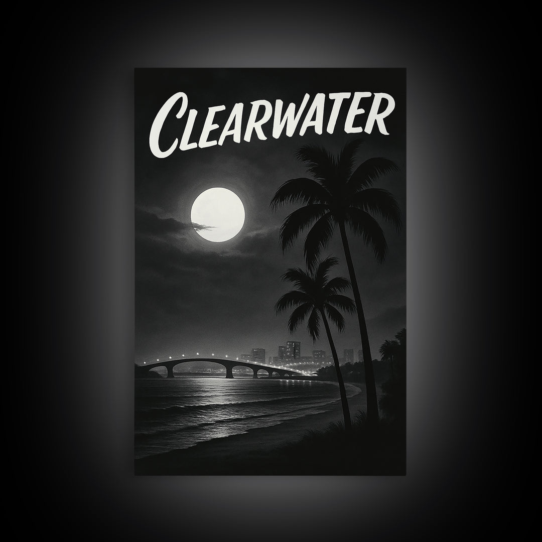 Clearwater Florida Travel Poster, Framed Canvas Print, Dark Moody City Wall Art, Clearwater Wall Art, Travel Poster Set, Travel Art Print