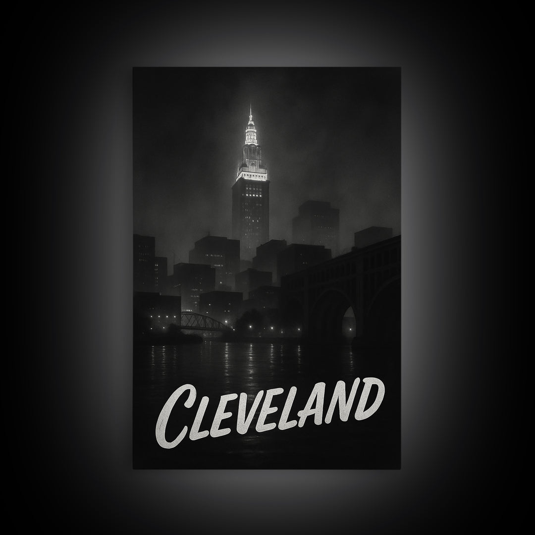 Cleveland Ohio Travel Poster, Framed Canvas Print, Dark Moody City Wall Art, Cleveland Travel Art, Travel Wall Decor, City Travel Prints