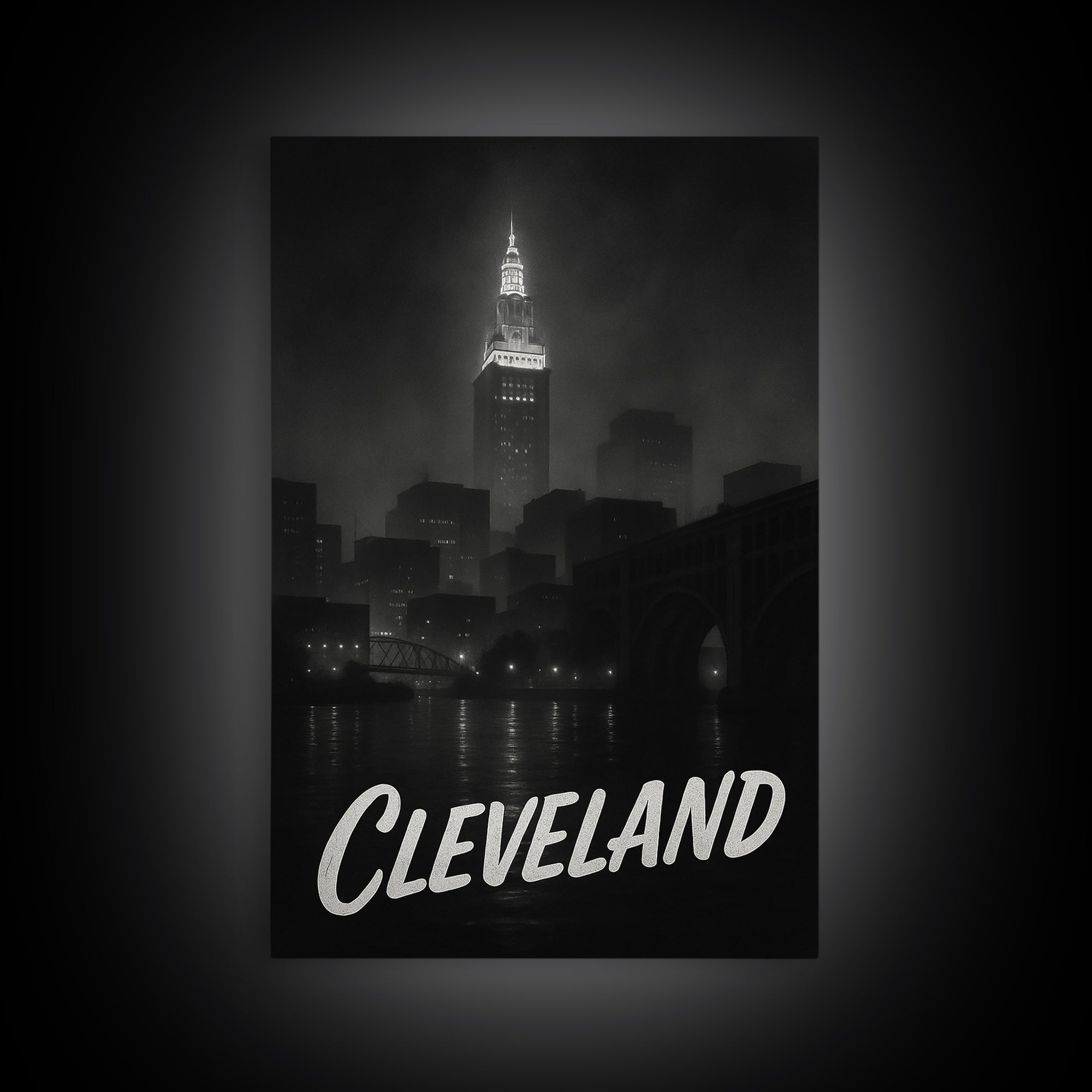 Cleveland Ohio Travel Poster, Framed Canvas Print, Dark Moody City Wall Art, Cleveland Travel Art, Travel Wall Decor, City Travel Prints