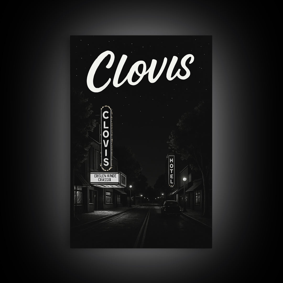 Clovis Travel Poster, Framed Canvas Print, Dark Moody City Wall Art, Clovis Poster Print, Vintage Travel Print, City Travel Prints