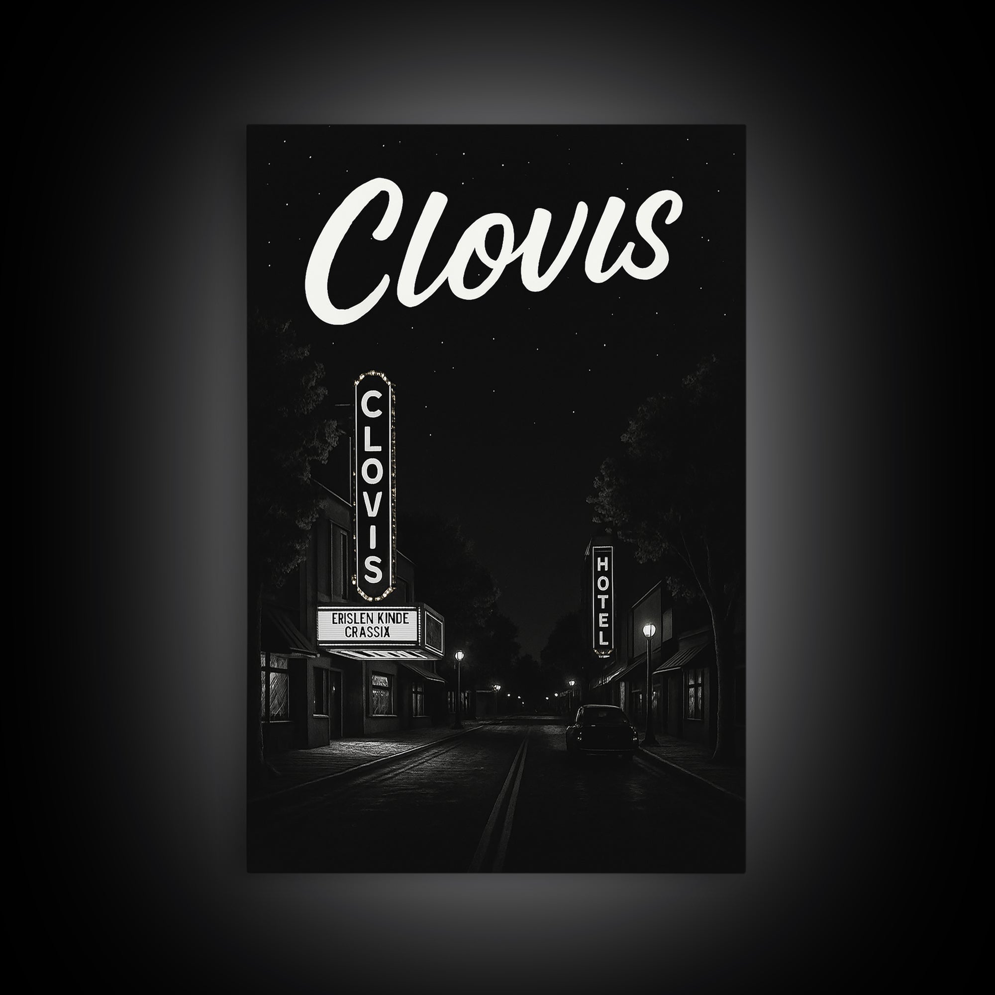 Clovis Travel Poster, Framed Canvas Print, Dark Moody City Wall Art, Clovis Poster Print, Vintage Travel Print, City Travel Prints