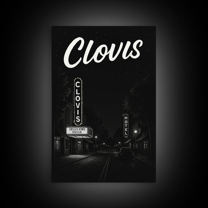Clovis Travel Poster, Framed Canvas Print, Dark Moody City Wall Art, Clovis Poster Print, Vintage Travel Print, City Travel Prints