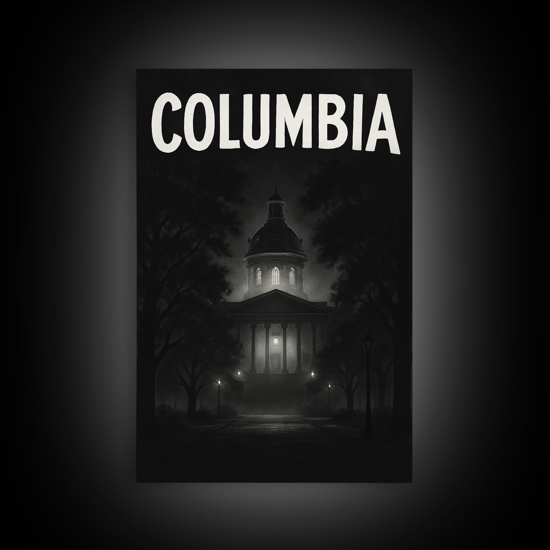 Columbia Travel Poster, Canvas Print, Dark Moody City Wall Art, Columbia Travel Art, Travel Wall Decor, Travel Art Print, Gift For Travelers