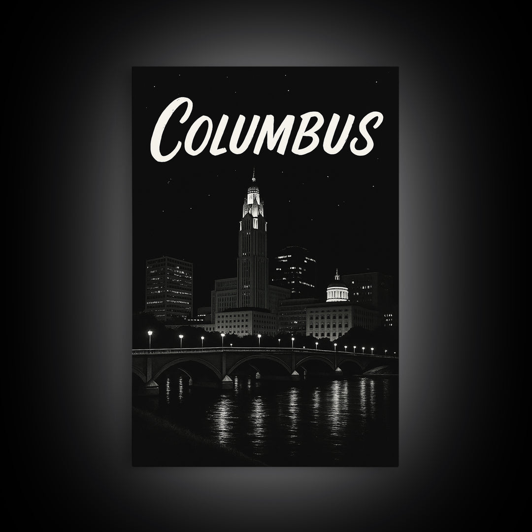 Columbus Travel Poster, Framed Canvas Print, Dark Moody City Wall Art, Columbus Travel Art, Travel Poster Art, Travel Poster Set