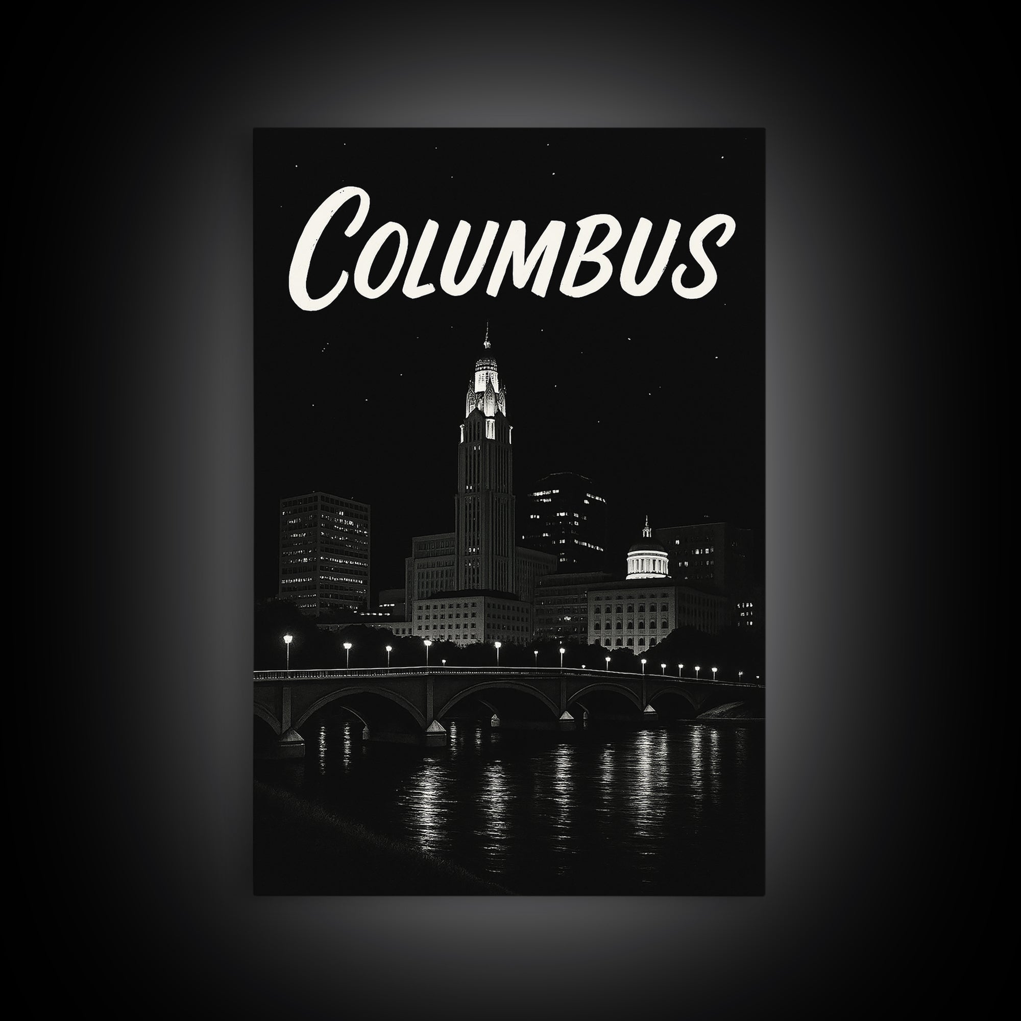 Columbus Travel Poster, Framed Canvas Print, Dark Moody City Wall Art, Columbus Travel Art, Travel Poster Art, Travel Poster Set