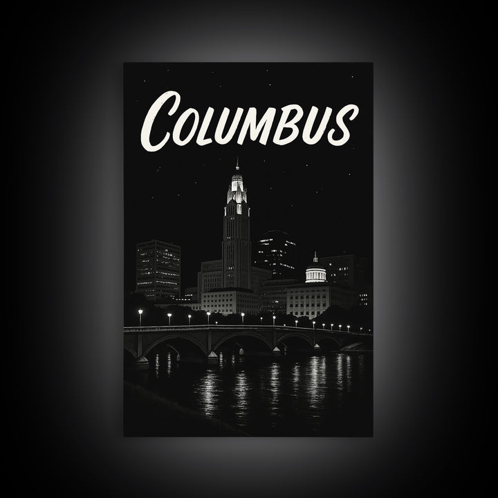 Columbus Travel Poster, Framed Canvas Print, Dark Moody City Wall Art, Columbus Travel Art, Travel Poster Art, Travel Poster Set