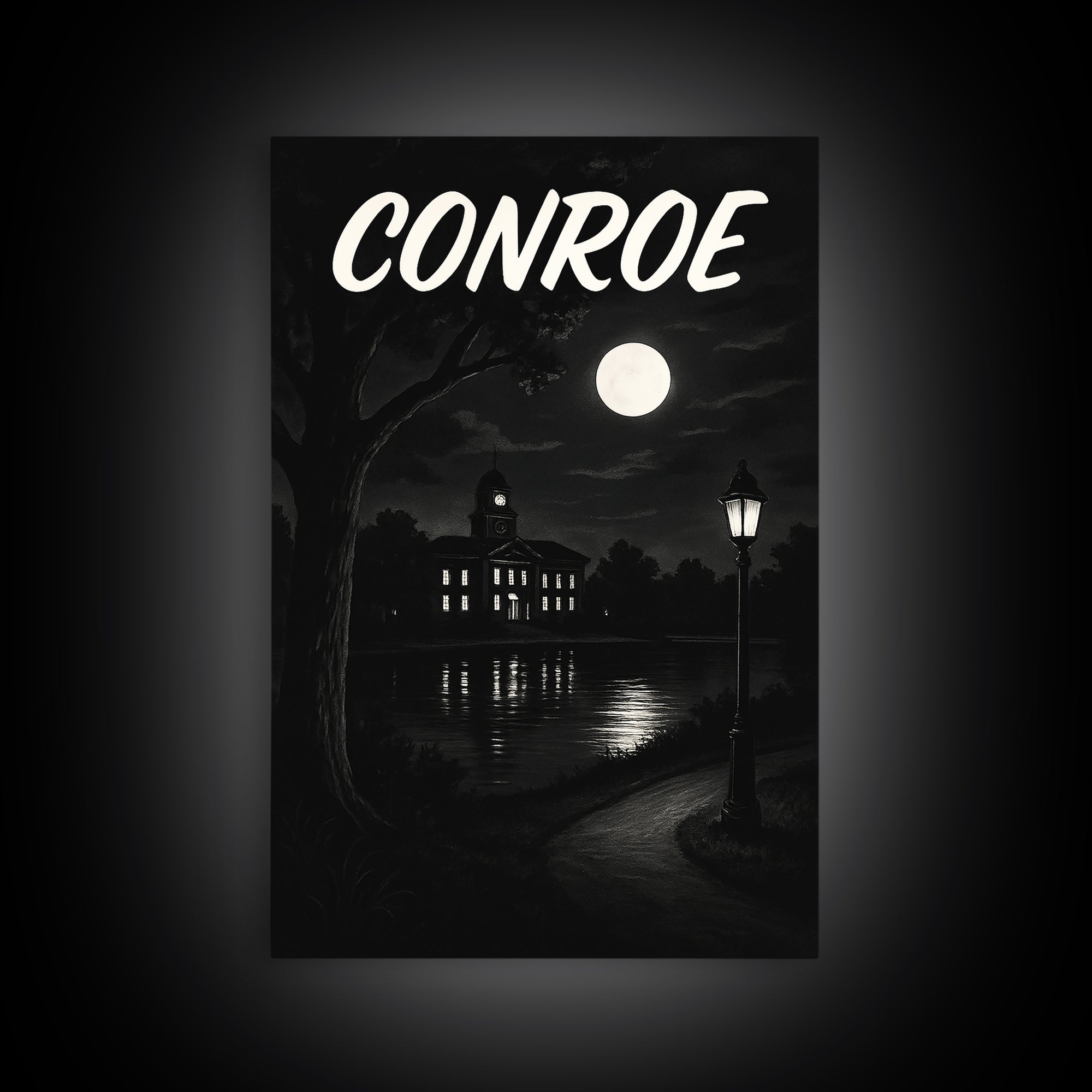 Conroe Travel Poster, Canvas Print, Dark Moody City Wall Art, Conroe Travel Art, Travel Art Print, City Illustration, Vintage Travel Print