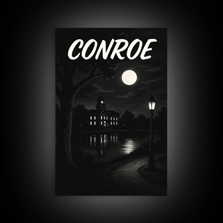 Conroe Travel Poster, Canvas Print, Dark Moody City Wall Art, Conroe Travel Art, Travel Art Print, City Illustration, Vintage Travel Print