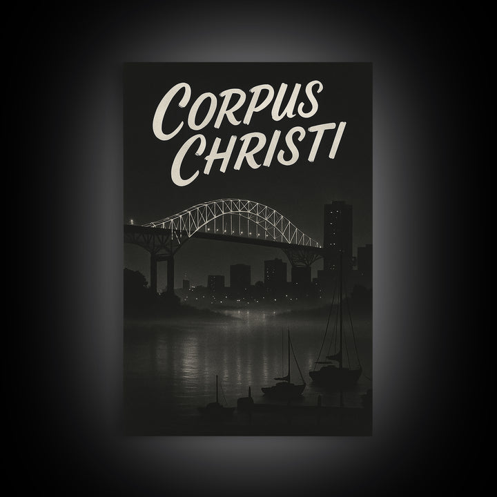 Corpus Christi Travel Poster, Framed Canvas Print, Night Street Poster Art, Corpus Christi Travel Art, Living Room Wall Art, Home Decor