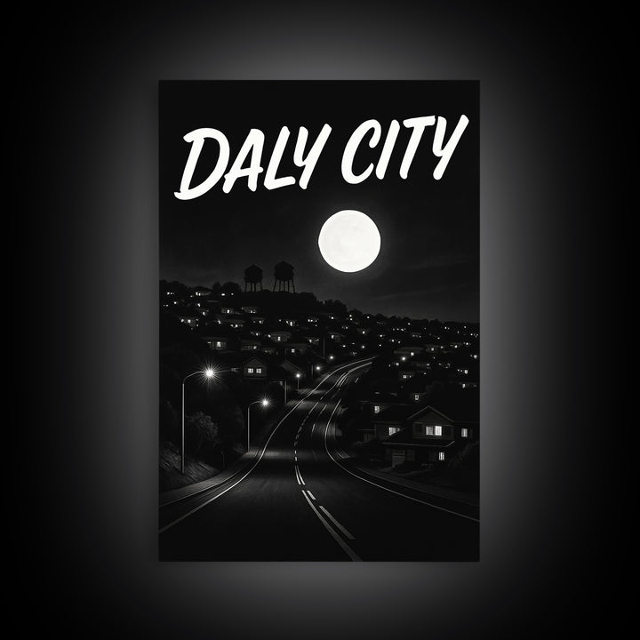 Daly City California Travel Poster, Canvas Print, Dark Moody City Wall Art, Daly City Poster Print, Travel Wall Art, Gift For Travelers