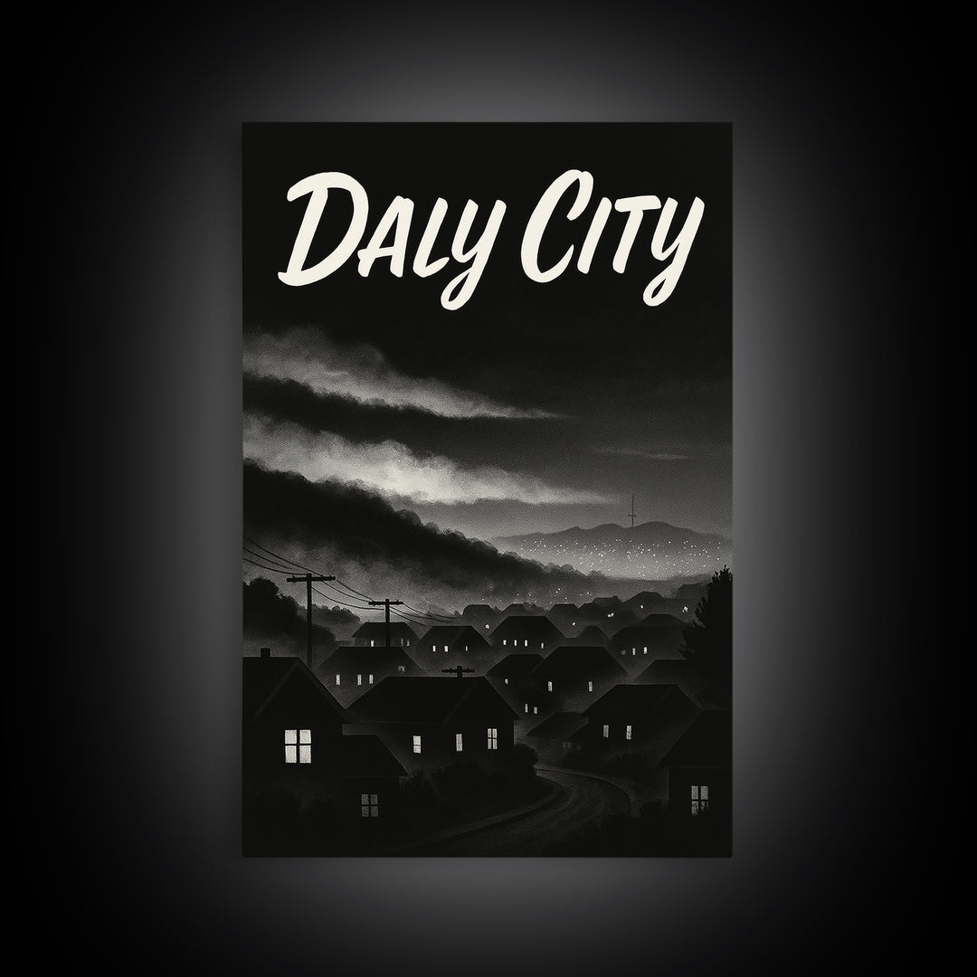 Daly City Travel Poster, Framed Canvas Print, Vintage Noir Poster Art, Daly City Art Print, Travel Poster Art, City Illustration