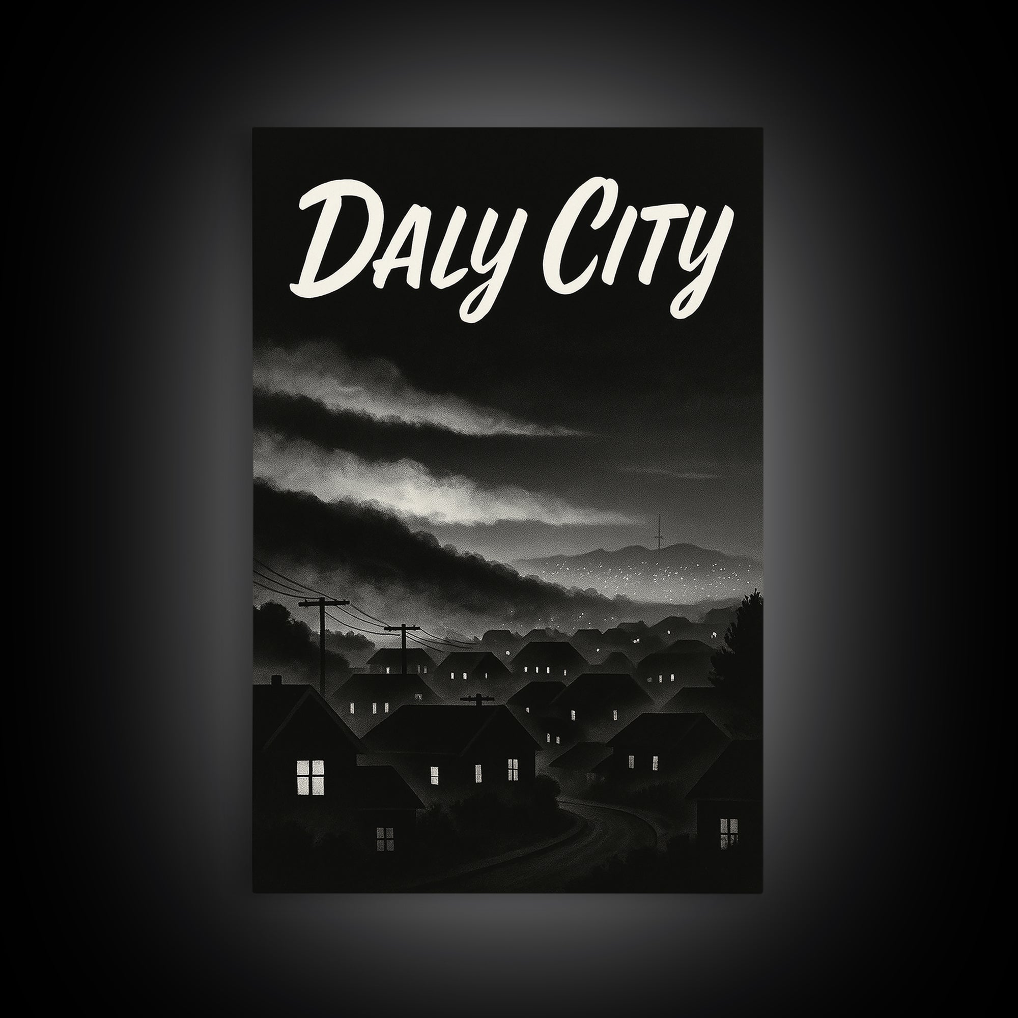 Daly City Travel Poster, Framed Canvas Print, Vintage Noir Poster Art, Daly City Art Print, Travel Poster Art, City Illustration