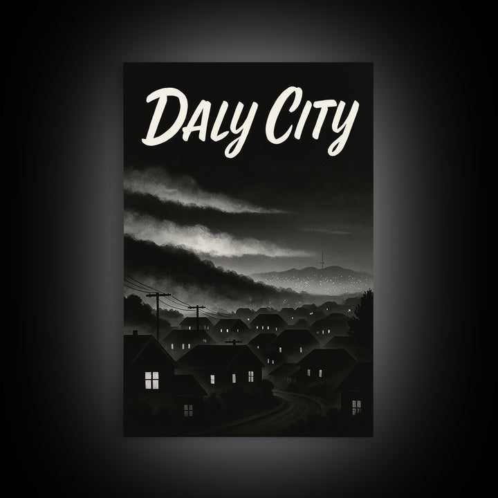 Daly City Travel Poster, Framed Canvas Print, Vintage Noir Poster Art, Daly City Art Print, Travel Poster Art, City Illustration