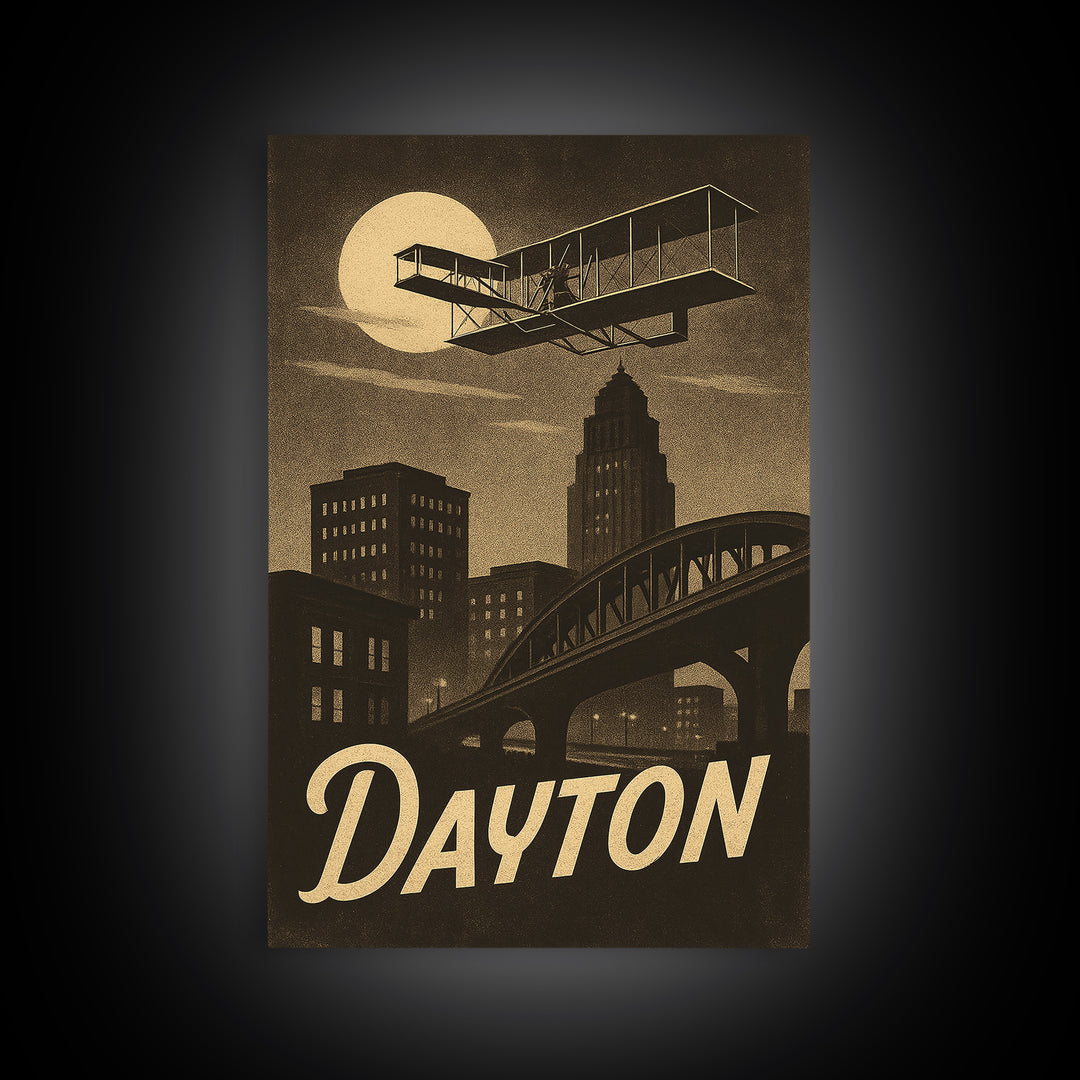 Dayton Travel Poster, Framed Canvas Print, Black And White Travel Art, Dayton Art Print, Modern Wall Decor, Eclectic Wall Decor