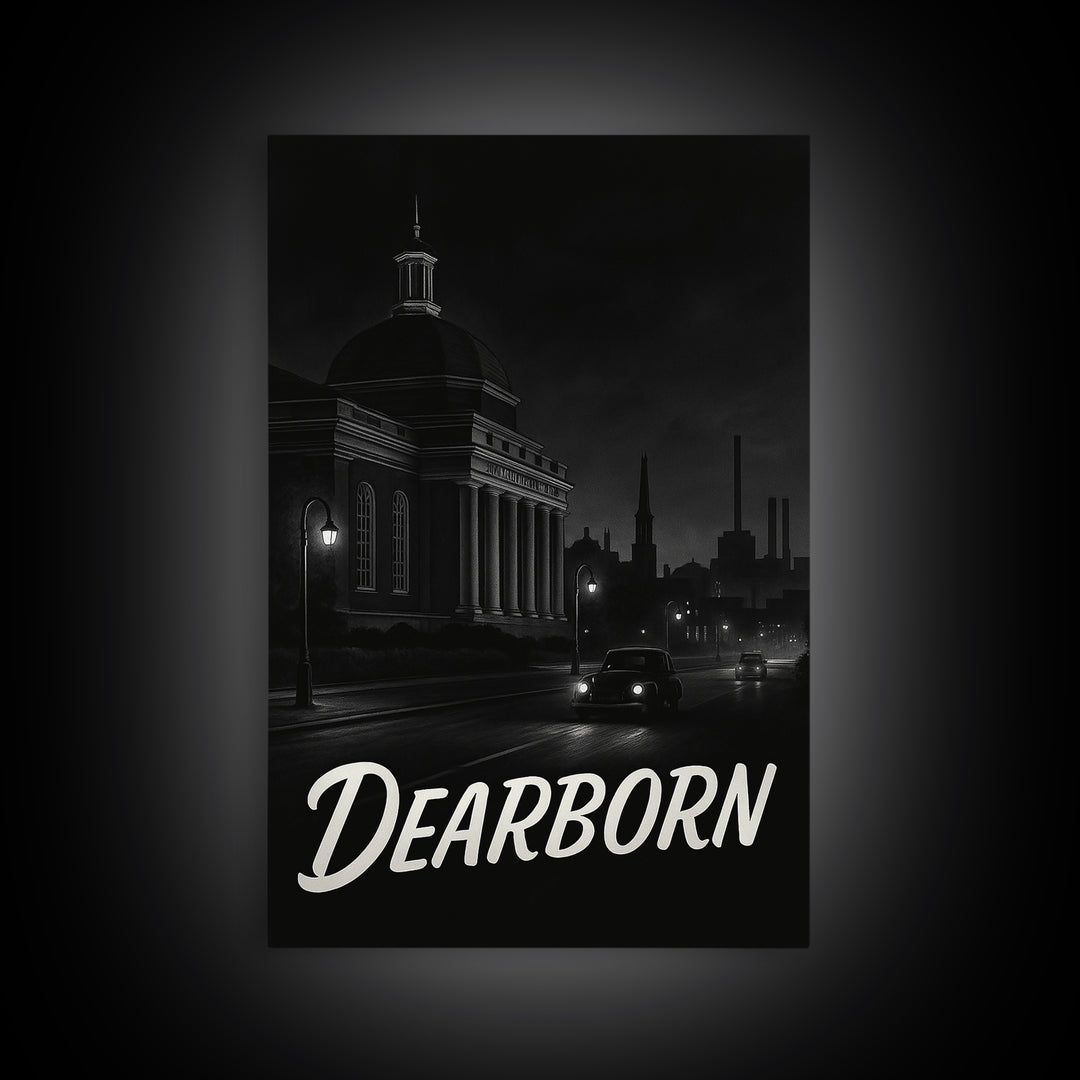 Dearborn Michigan Travel Poster, Framed Canvas Print, Vintage Noir Poster Art, Dearborn Art Print, Living Room Wall Art, Vintage Travel Art