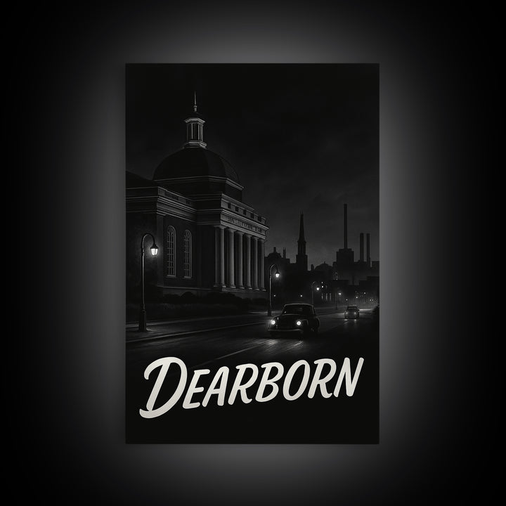 Dearborn Michigan Travel Poster, Framed Canvas Print, Vintage Noir Poster Art, Dearborn Art Print, Living Room Wall Art, Vintage Travel Art