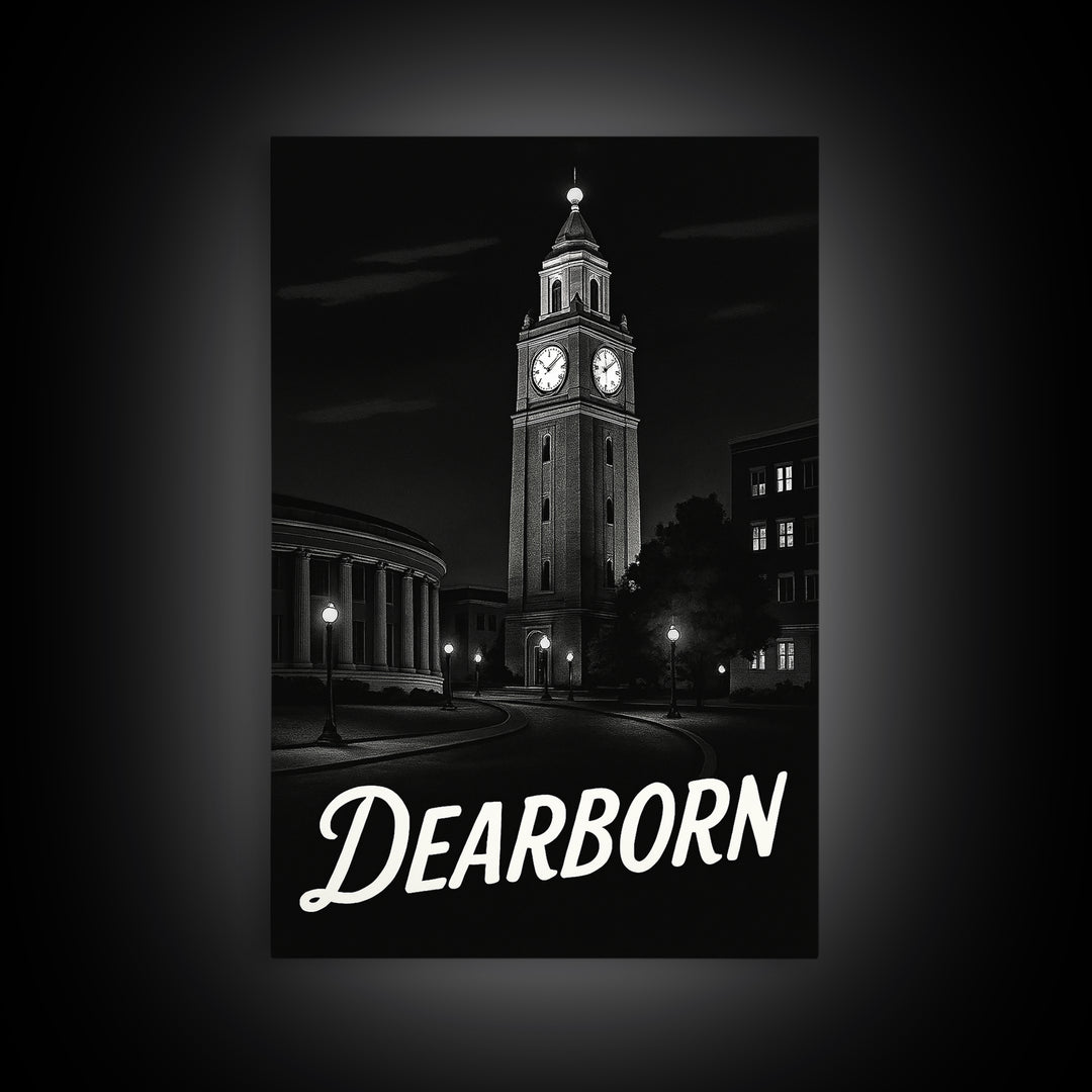 Dearborn Travel Poster, Framed Canvas Print, Dark Moody City Wall Art, Dearborn Poster Print, Home Office Decor, Travel Poster Set