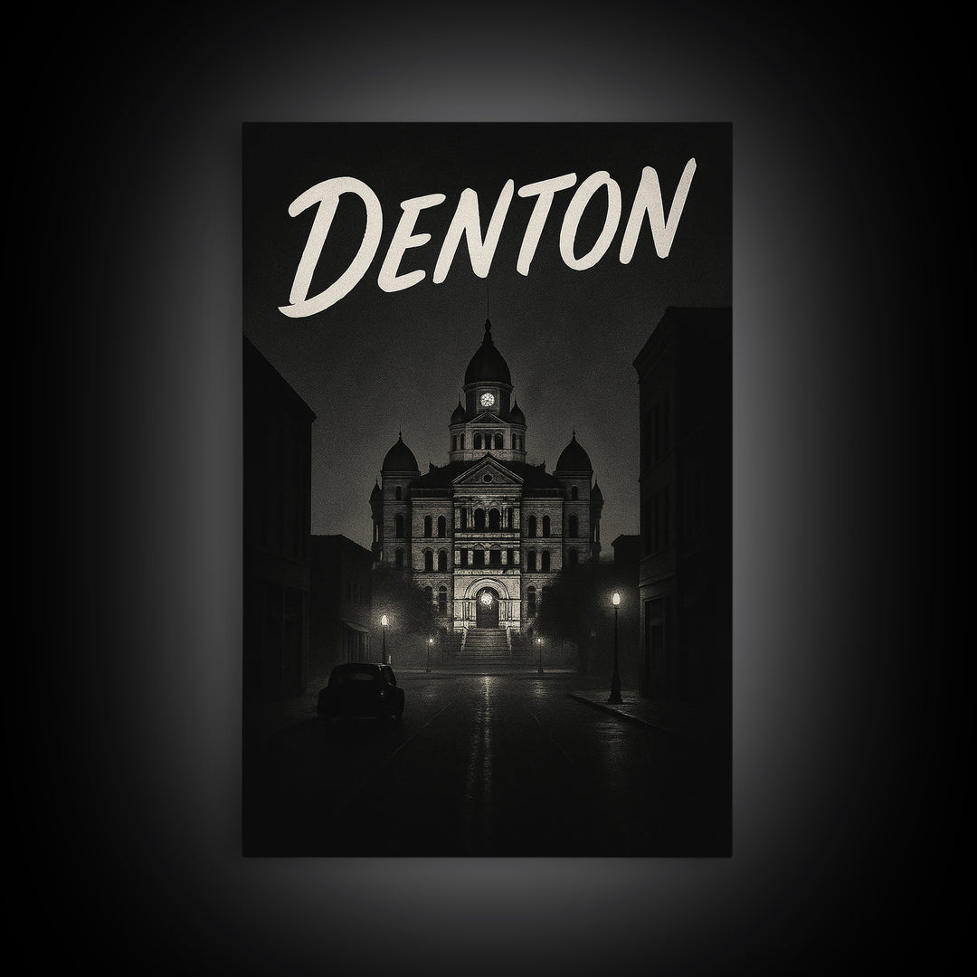 Denton Texas Travel Poster, Framed Canvas Print, Black And White Travel Art, Denton Art Print, Modern Wall Decor, City Travel Prints