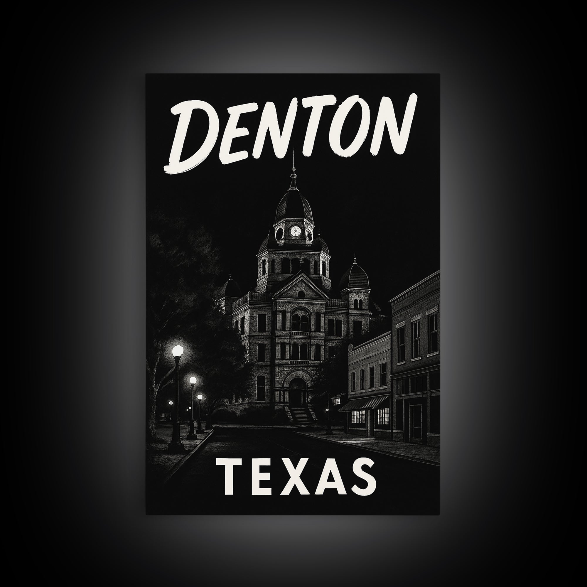 Denton Travel Poster, Framed Canvas Print, Dark Moody City Wall Art, Denton Poster Print, Gift For Travelers, Vintage Travel Art